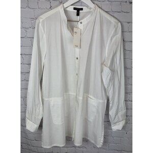 NWT EILEEN FISHER White Organic Cotton Button Down Knit Shirt Long Sleeve Large